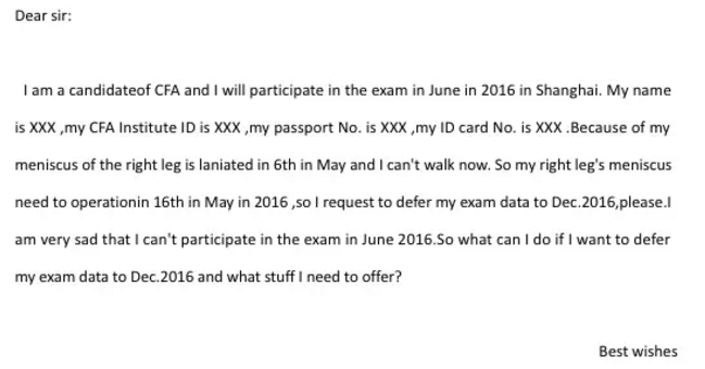 下面是一篇CFA延考申请的范文，供需要的CFA报名考生参考