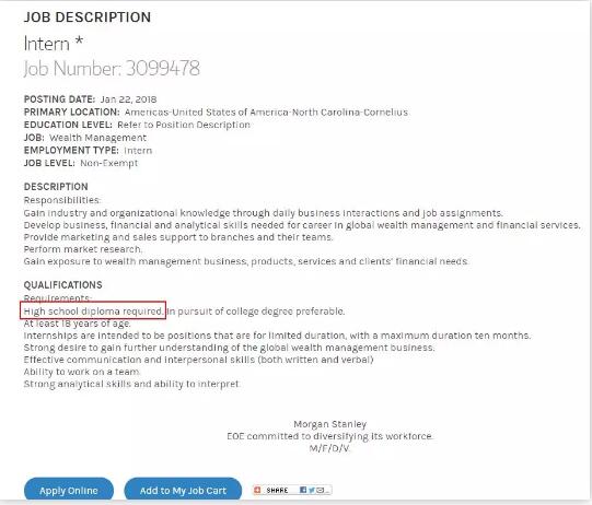 此前，大摩官网上放出一批高中生就能投递的岗位