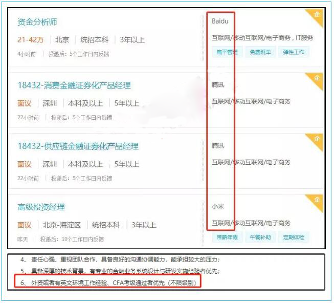 近日,BAT(百度、阿里、腾讯)、小米、苏宁也发布了相关岗位招聘信息,表明了持有CFA等证书优先