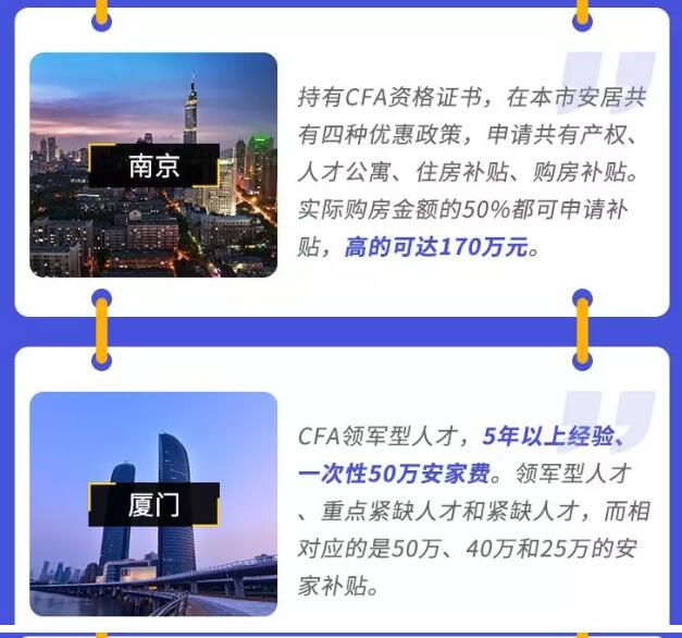 上海,北京,天津,重庆等地纷纷给到CFA持证人奖金,房补,很多福利政策着实诱人